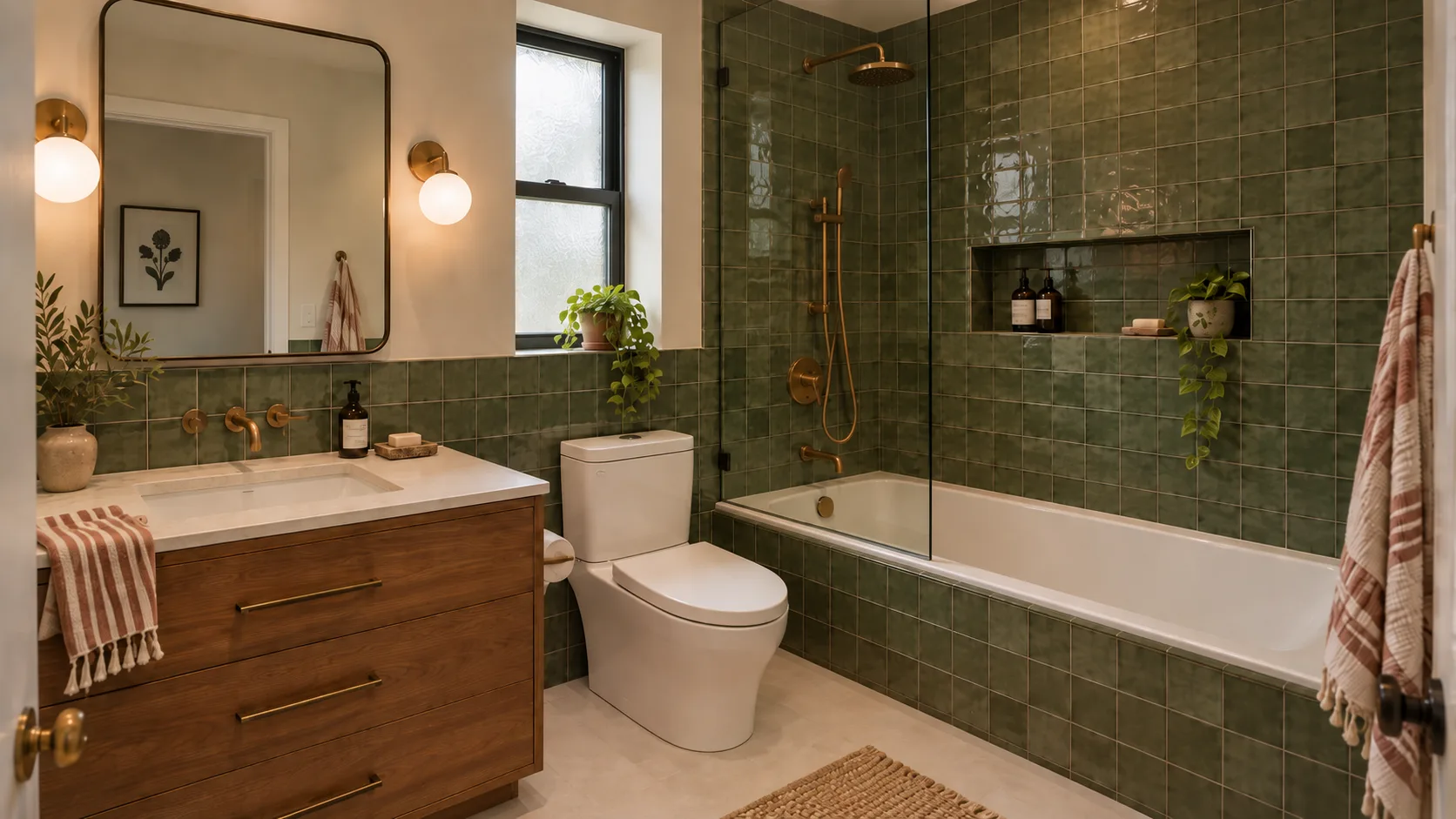 The same bathroom redesigned: green tile, walnut vanity and brass fittings, with the bath kept