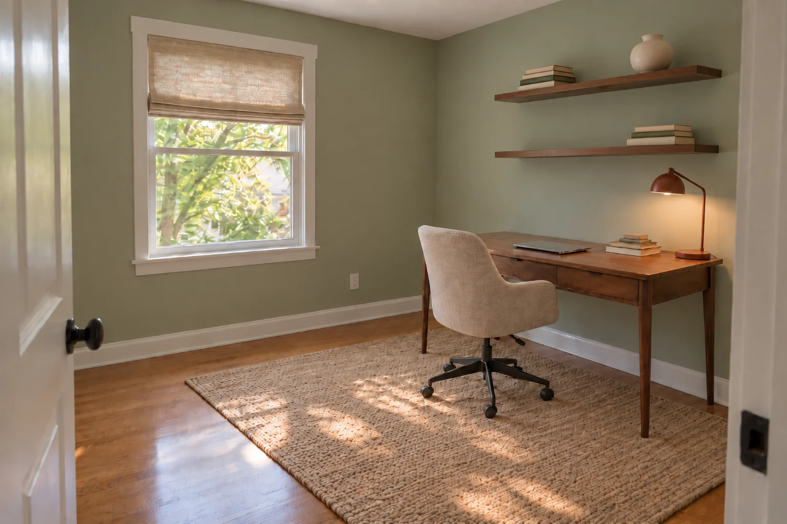 Soft green office with your original desk